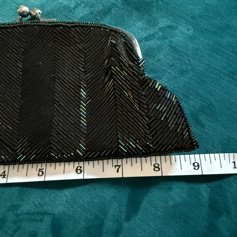 The Limited Beaded Evening Clutch‎ Purse Black Glass Bead Silver Chain Y2K 9